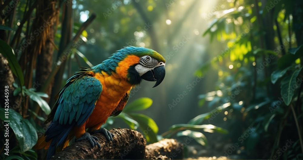 Obraz premium A vibrant macaw perched on a tree branch in a tropical rainforest, with detailed feathers glistening in the soft light breaking through the canopy 