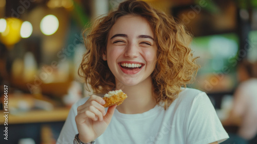 Young woman with curly hair laughing while eating a snack