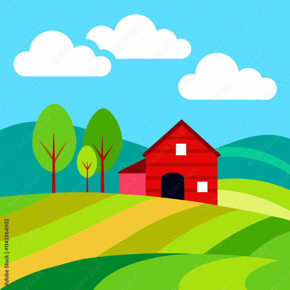 Beautiful Rural Landscape Featuring a Red Barn and Lush Green Fields Beautiful Rural Landscape Featuring a Red Barn and Lush Green Fields