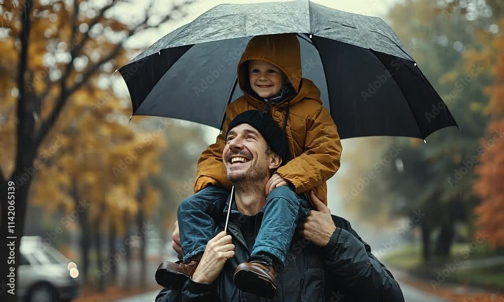 Smiling dad carrying child on shoulders with umbrella in rainy day.