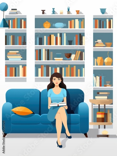 Woman enjoying a tranquil reading session on a comfortable blue sofa, surrounded by a well-stocked bookshelf and elegant home decor, reflecting a serene and intellectual atmosphere.
