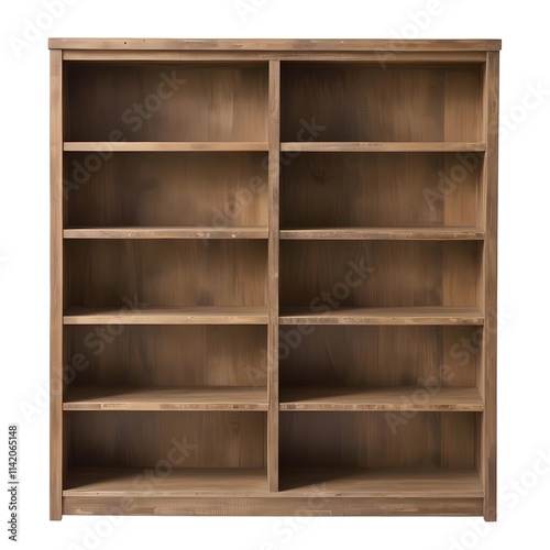 A wooden bookshelf or shelving unit with multiple compartments and shelves, made of natural wood with a rustic, distressed appearance