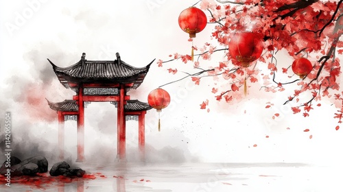 Festive celebration at a chinese gateway traditional architecture watercolor art serene environment vibrant viewpoint cultural heritage