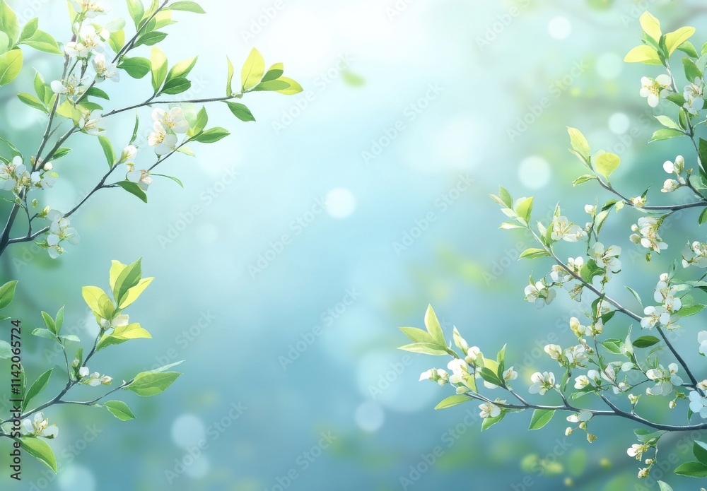 Serenity in Nature: Delicate Green Leaves and Blossoms Framing a Soft Blue Background, Perfect for Relaxing and Refreshing Visuals in Any Project or Design Serenity in Nature: Delicate Green Leaves and Blossoms Framing a Soft Blue Background, Perfect for Relaxing and Refreshing Visuals in Any Project or Design