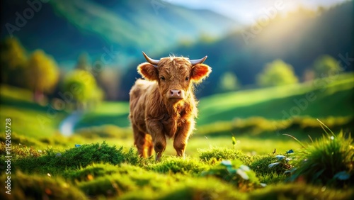 Adorable tilt-shift photo of a miniature cow in a pastoral scene.