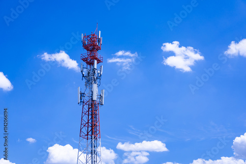 Telecommunications tower, transmitter, wireless communication antenna 5G cellular network, global connectivity In the background, the sky is bright photo