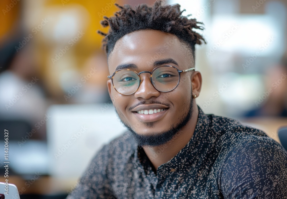 Smiling Young Man with Glasses in Casual Attire Enjoying Work at a Well-Lit Office Space with Blurred Background and Professional Ambiance Smiling Young Man with Glasses in Casual Attire Enjoying Work at a Well-Lit Office Space with Blurred Background and Professional Ambiance