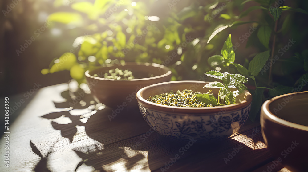A Tranquil and Serene Tea Ceremony with Dried Chamomile and Mint Leaves in Exquisite Ceramic Bowls A Tranquil and Serene Tea Ceremony with Dried Chamomile and Mint Leaves in Exquisite Ceramic Bowls
