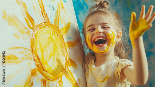 Laughing Girl with Painted Hands Creating Art