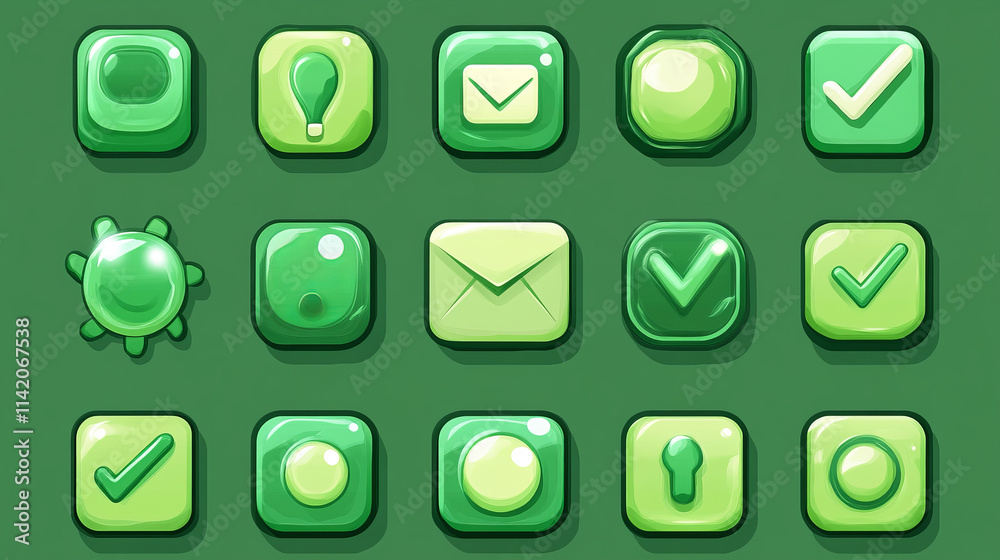Web circle buttons with symbols of home, search, play, mail, arrows, sound, check and cross mark. Vector cartoon set of game ui elements, green glossy icons isolated on background Web circle buttons with symbols of home, search, play, mail, arrows, sound, check and cross mark. Vector cartoon set of game ui elements, green glossy icons isolated on background