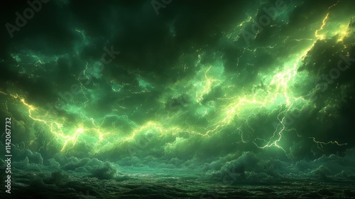 Fototapeta Naklejka Na Ścianę i Meble -  Green lightning strikes across a dark, stormy sky above a sea.