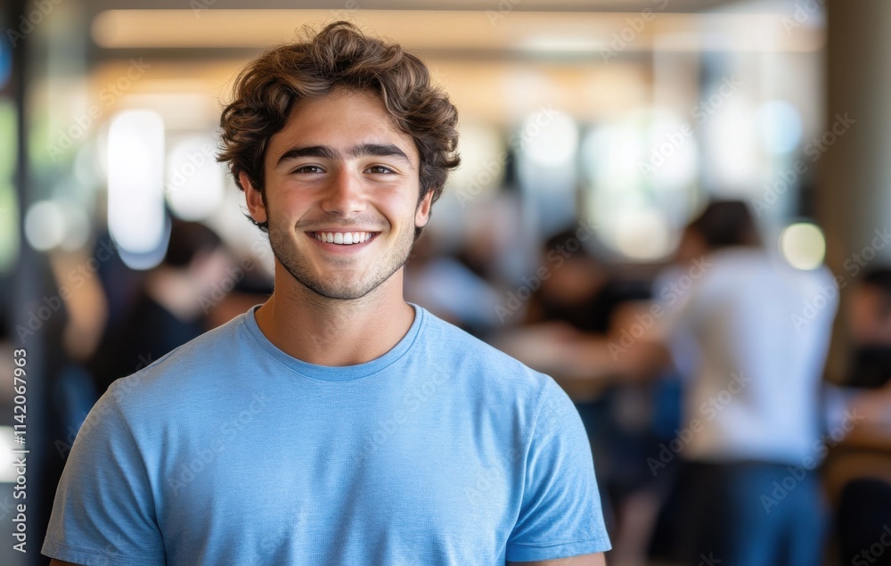 Young man smiling confidently in a modern workspace, showcasing positivity and approachability with a blurred background of busy individuals in a collaborative environment Young man smiling confidently in a modern workspace, showcasing positivity and approachability with a blurred background of busy individuals in a collaborative environment