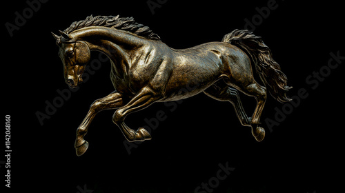 A bronze horse sculpture, jumping in mid-air, set against a black background photo