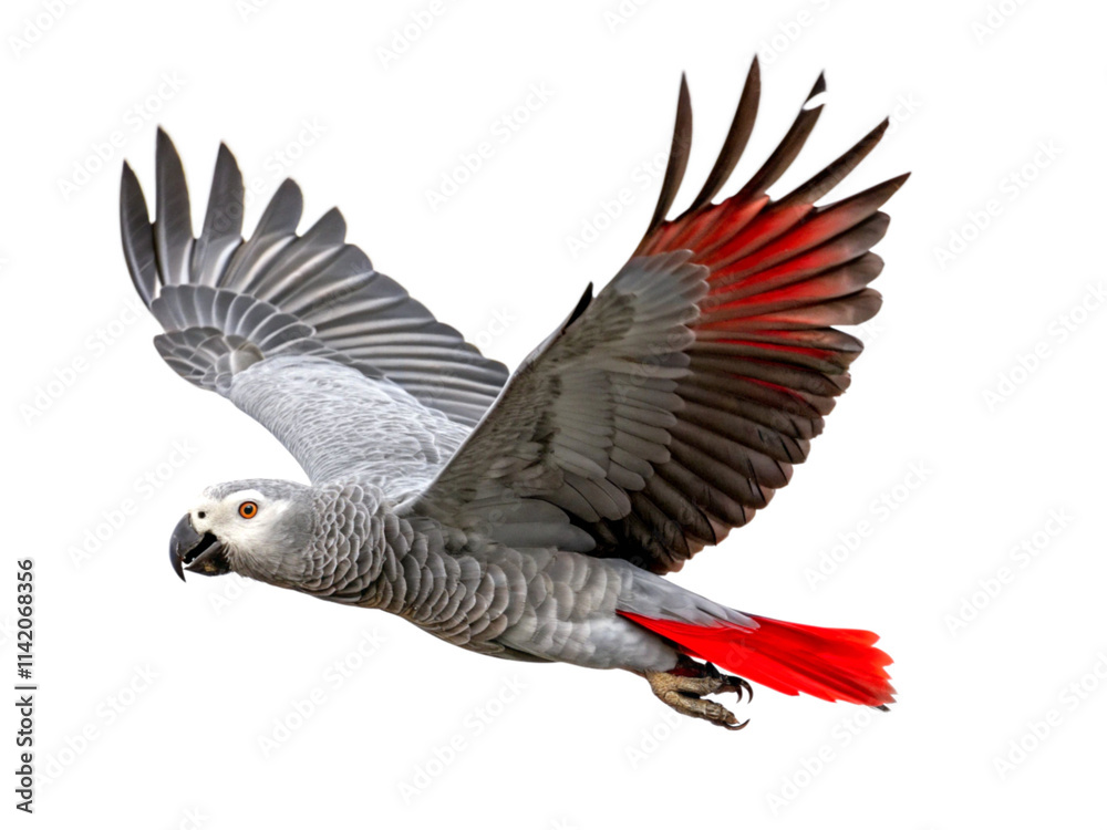 African Grey Parrot, flying against transparent background African Grey Parrot, flying against transparent background