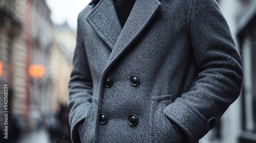 Wallpaper Mural Close-up of a man's gray wool double-breasted coat, hands in pockets, city background. Torontodigital.ca