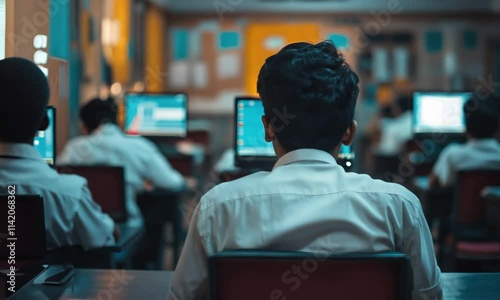 Indian students wearing school uniforms participate in computer science lessons inside a classroom environment, engaging with technology and collaborating on various projects