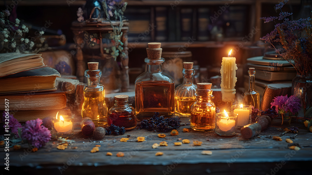 A Detailed View of a Mystical Apothecary's Table Showcasing Vibrant Herbal Tinctures and Oils in a Dimly Lit Environment A Detailed View of a Mystical Apothecary's Table Showcasing Vibrant Herbal Tinctures and Oils in a Dimly Lit Environment