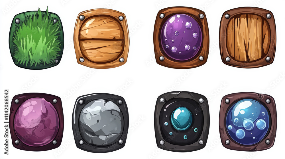 Marble Button Vector Round buttons with wooden, metal, rock and black marble textures for ui ...