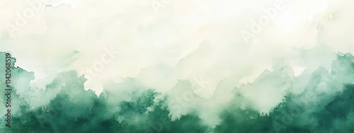 A painting of a green forest with a blue sky in the background