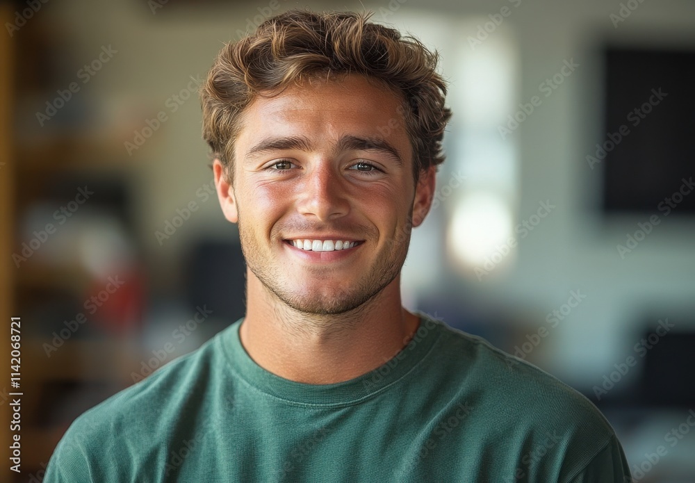 Young smiling man with natural hairstyle wearing a green shirt in a bright indoor setting, exuding confidence and warmth, perfect for lifestyle and portrait photography Young smiling man with natural hairstyle wearing a green shirt in a bright indoor setting, exuding confidence and warmth, perfect for lifestyle and portrait photography