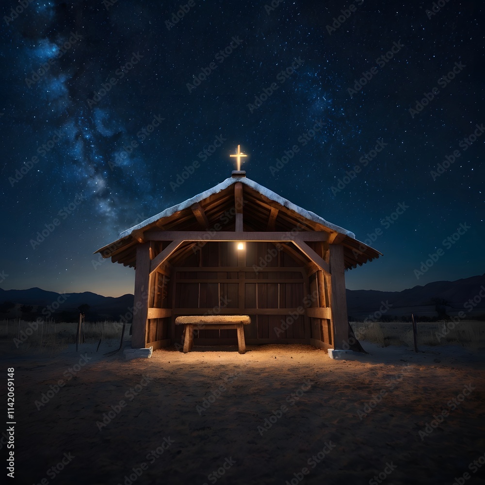 Obraz premium Wooden Stable at Dark Blue Starry Night, Jesus Christ Birth Concept