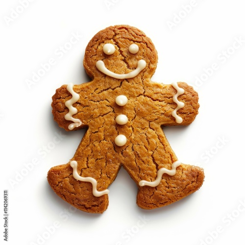 Gingerbread man cookie with white icing decoration lying on white background photo