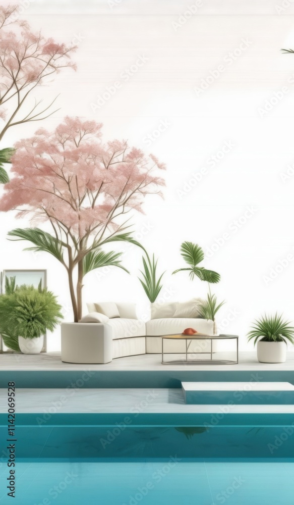 a pool with a couch and a table with plants a pool with a couch and a table with plants