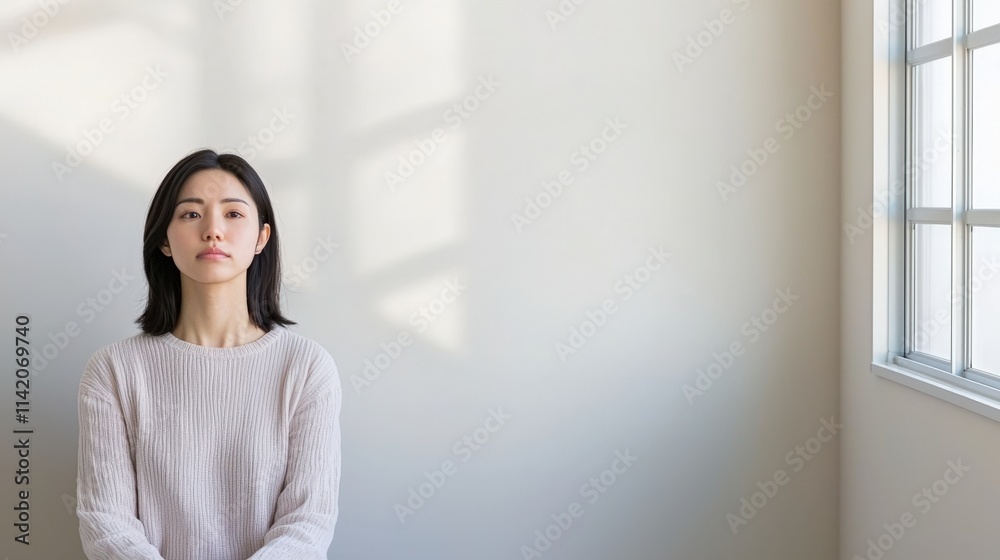 Depression and sadness diagnosis, A serene young woman sits calmly against a light-colored wall, illuminated by soft sunlight streaming through a nearby window. Depression and sadness diagnosis, A serene young woman sits calmly against a light-colored wall, illuminated by soft sunlight streaming through a nearby window.