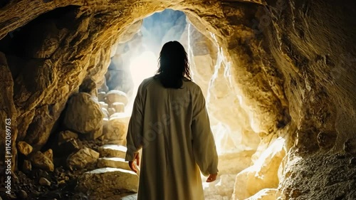 Jesus Christ emerges from his tomb, symbolizing hope and renewal through resurrection new life Easter holiday