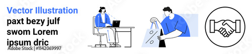 Wallpaper Mural Businesswoman working on laptop, man carrying shopping bag, handshake in circle icon. Ideal for business, productivity, e-commerce, teamwork, partnerships online shopping communication. Landing Torontodigital.ca