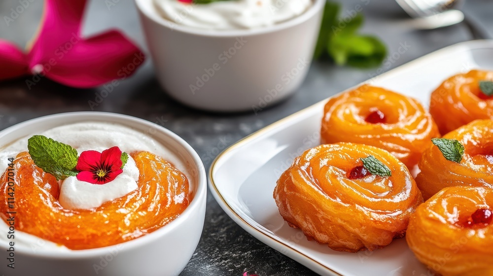 Delicious Sweet Desserts with Cream and Fresh Mint Garnish Delicious Sweet Desserts with Cream and Fresh Mint Garnish