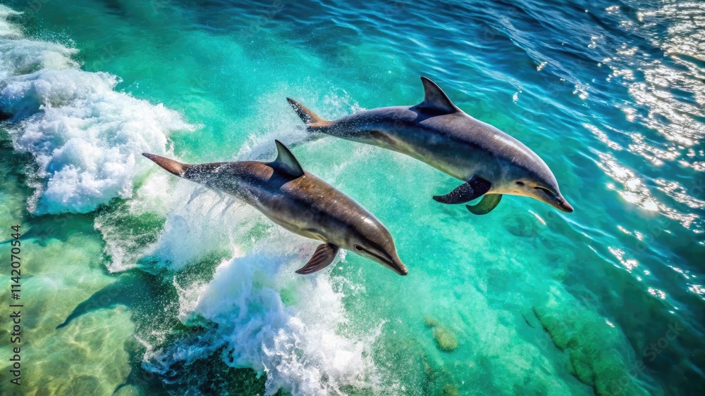 Obraz premium Oceanic ballet: bottlenose dolphins leap gracefully, a breathtaking aerial view of marine mammals.