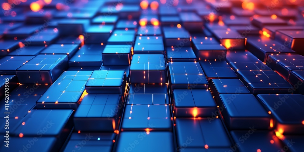Fototapeta premium Abstract 3D rendering of interconnected blue cubes with glowing orange accents.