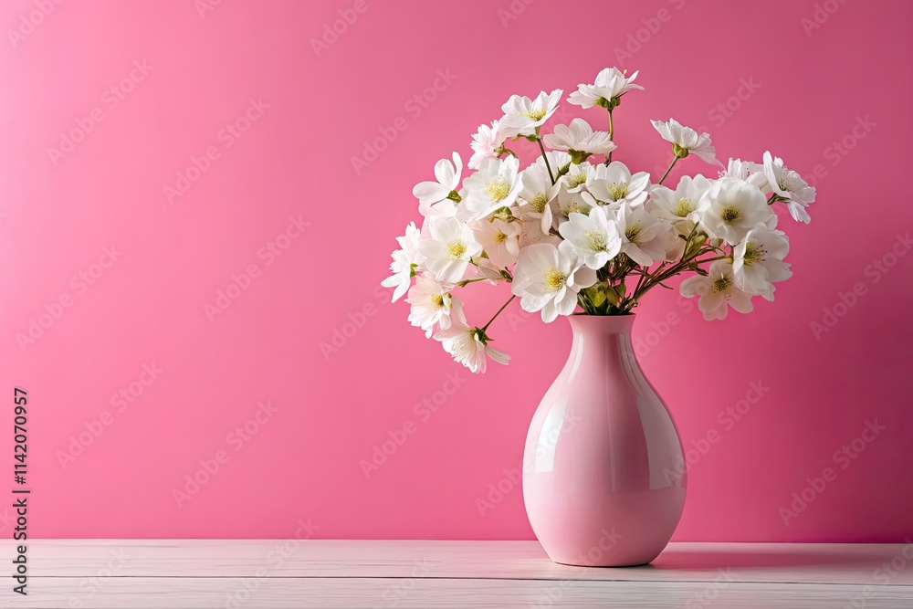 Elegant white blooms in a pink vase, a romantic spring still life. Elegant white blooms in a pink vase, a romantic spring still life.