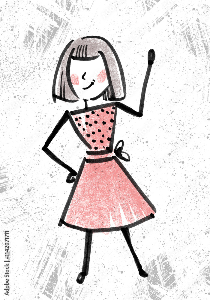 The student, a young girl in a red dress, stands, shows, talks. Child, student, study at school, doodle illustration by liner. Graphic illustration with a cute girl The student, a young girl in a red dress, stands, shows, talks. Child, student, study at school, doodle illustration by liner. Graphic illustration with a cute girl