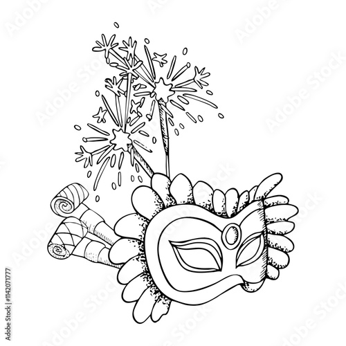 Mardi Gras line masquerade mask with party horns and sparklers black and white vector illustration. Purim carnival symbols and festive accessories for coloring in ink style