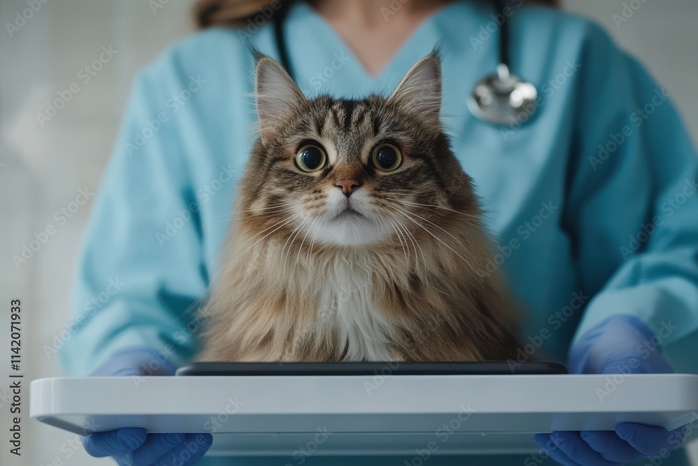 A veterinarian weighing a fluffy cat on a scale while adjusting the display, captured in a clean and neutral-lit environment, showcasing a professional pet care setting.