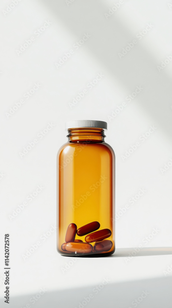 Close up of a multivitamin bottle with capsules on light background for health and wellness design Close up of a multivitamin bottle with capsules on light background for health and wellness design