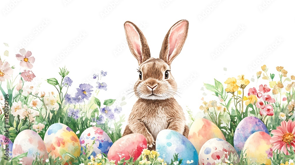 Watercolor Easter bunnies, flowers, and Easter eggs, easter background Watercolor Easter bunnies, flowers, and Easter eggs, easter background