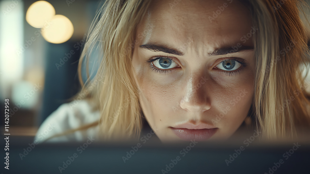 Intense Focus: A close-up portrait of a woman, her blue eyes reflecting the screen's glow, conveys a sense of deep concentration and determination. Intense Focus: A close-up portrait of a woman, her blue eyes reflecting the screen's glow, conveys a sense of deep concentration and determination.