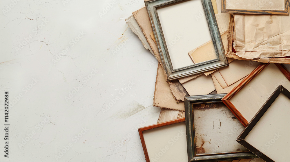 Fototapeta premium A vintage photo frame set with a nostalgic scrapbooking design, offering a top view display of antique photo frames, perfect for showcasing memories and creating a timeless decor element.