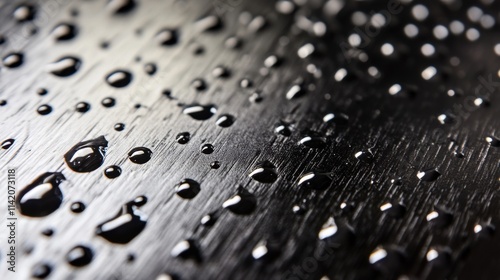 Close-up of Fresh Water Droplets on Dark Wooden Surface, Highlighting Natural Texture and Reflection