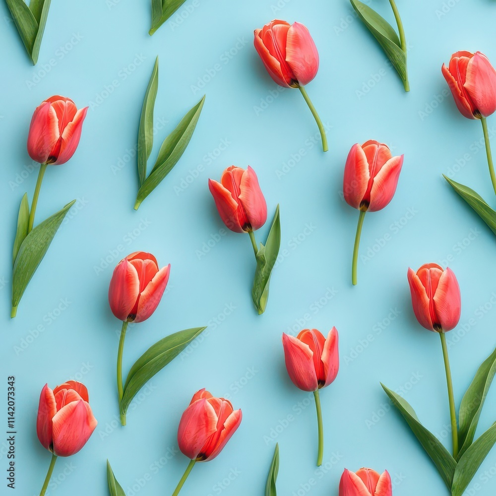 Seamless Coral Tulip Pattern on Pastel Blue Background Seamless Coral Tulip Pattern on Pastel Blue Background