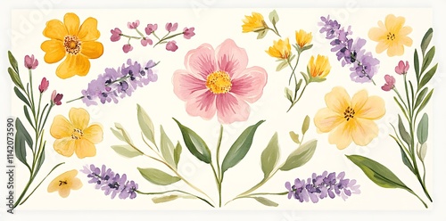 Watercolor wildflowers, clipart in a white background