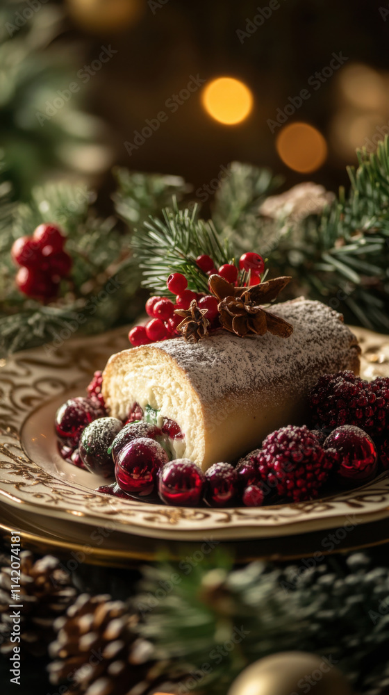 Festive traditional christmas yule log with holiday decorations and berries Festive traditional christmas yule log with holiday decorations and berries