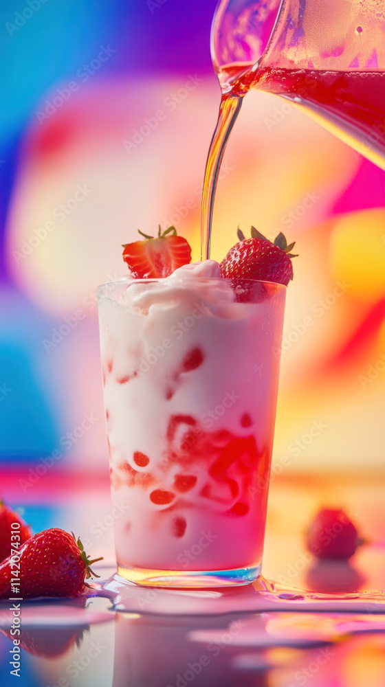 Delightful strawberry syrup pouring over creamy dessert with fresh strawberries Delightful strawberry syrup pouring over creamy dessert with fresh strawberries