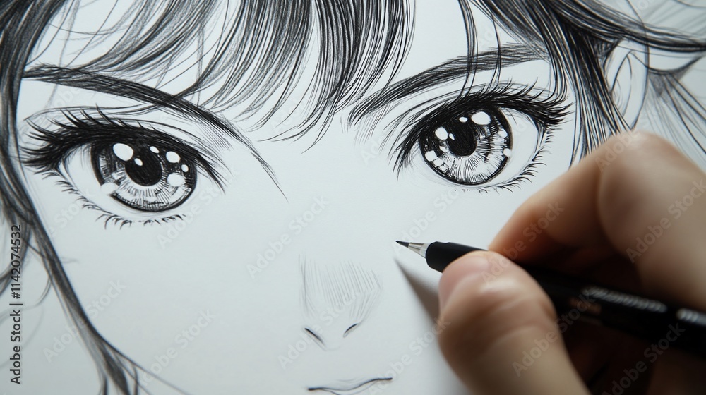 Fototapeta premium Close-up of hand drawing anime-style girl's face.