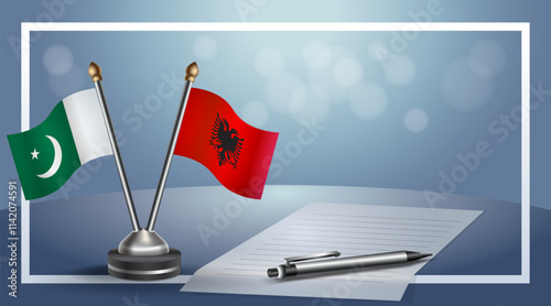 Pakistan and Albania National flags on small table with bokeh background, cooperative relationship