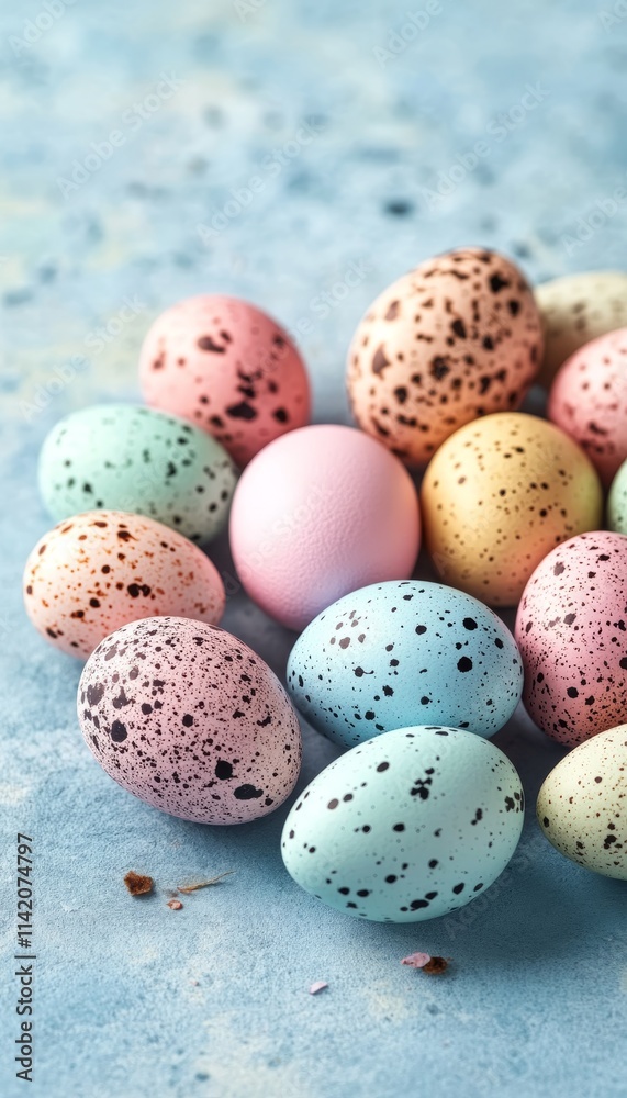 Speckled Pastel Easter Eggs Arrangement on Textured Light Blue Surface for Holiday Celebration Speckled Pastel Easter Eggs Arrangement on Textured Light Blue Surface for Holiday Celebration