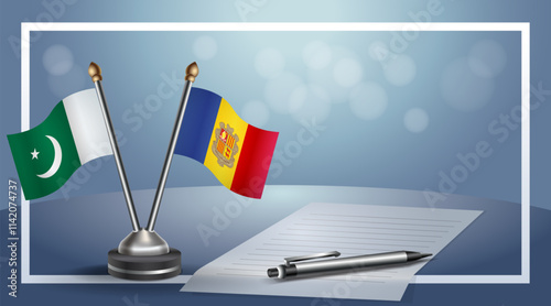 Pakistan and Andorra National flags on small table with bokeh background, cooperative relationship